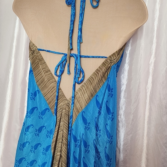 Boho Blue & Gold Backless Halter Maxi Dress OneSize - Picture 5 of 7